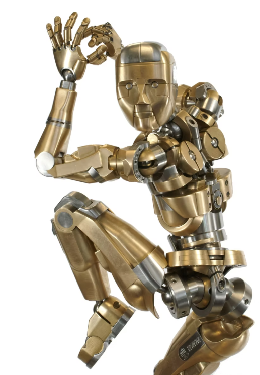 Articulated brass and steel mechanical figure in a contemplative pose